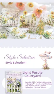 Detail of lavender garden PET stickers featuring floral and cat motifs in artistic setup