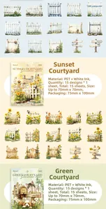 Detail view of PET floral stickers with sunflowers and pets for journal decoration