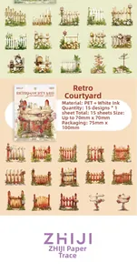 Detailed PET stickers featuring vintage garden elements like wooden fences and mailboxes