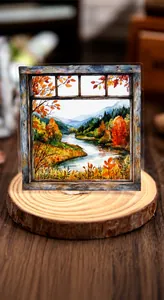 Translucent nature finder PET window sticker with watercolor forest lake landscape view