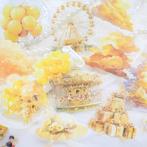 Dreamy yellow PET sticker set featuring carousel and hot air balloon for scrapbooking