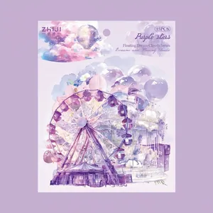 Dreamy purple PET sticker pack featuring watercolor ferris wheels and hot air balloons