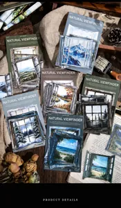 Macro view of vintage Natural Viewfinder landscape stickers for DIY journaling