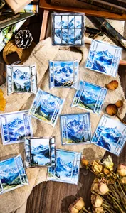 Detailed view of watercolor window frame scenery stickers for nature journaling and DIY art