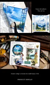 Detailed macro view of vintage PET nature stickers used for creative scrapbooking DIY projects