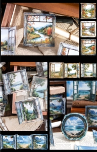 Detailed view of nature scenery PET stickers with window frames for DIY scrapbooking