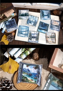 Macro detail of translucent PET window-view stickers with natural landscape scenery