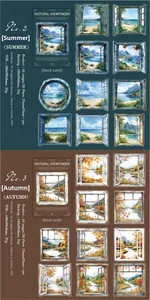 Macro detail of PET decorative stickers featuring watercolor nature scenery for DIY journaling