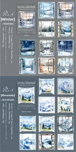 Detail of PET nature-themed stickers showing snowy windows and mountain landscapes