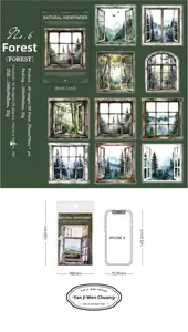 Detail showing forest window PET stickers with size comparison against iPhone