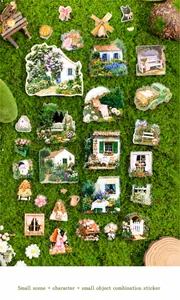 Close-up of pastoral scene DIY stickers with European architecture and garden elements
