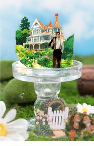 Macro shot of nature scenery stickers on glass tray with floral garden accents