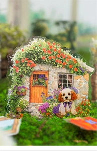 Detailed close-up of a rustic cottage and puppy acrylic DIY garden decoration sticker