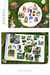 Detailed view of vintage illustration stickers displayed on a notebook with moss accents