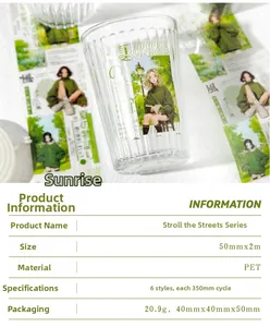 Detail of PET decorative tape showing street style illustrations on a glass cup
