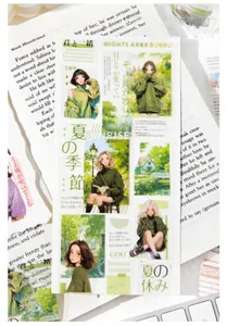 Detailed PET stickers featuring Japanese girls and scenic illustrations on a magazine page