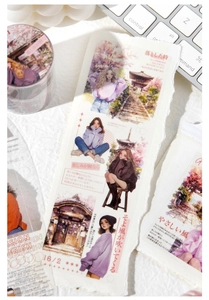 Macro view of PET tape featuring Japanese manga girl illustrations and street scenery