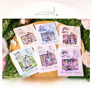 Detailed view of The Well of Wishes floral PET stickers set on a wooden tray with roses