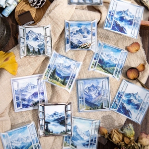 Scenery stickers with watercolor nature views on vintage rustic burlap background