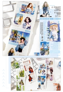 Detail showing magazine style PET tape stickers with girl portraits on a laptop keyboard