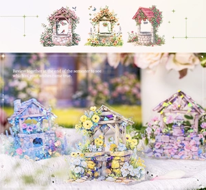 Detail of laser-finish garden-themed stickers with floral house designs for DIY journals