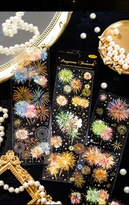 Détail de 3 stickers de feux d'artifice laser 3D avec texture PET pailletée et poudrée