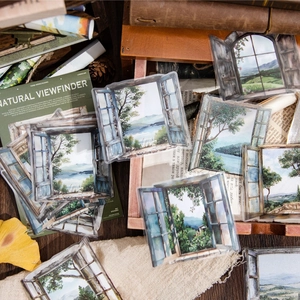 Nature Viewfinder PET transparent stickers with vintage window frame landscape illustrations