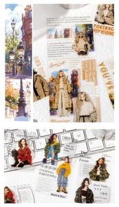 Macro shot of PET decorative tape stickers showing vintage magazine style illustrations