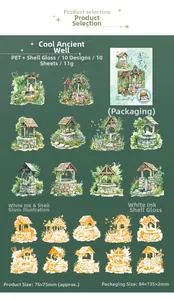 Detail of PET stickers with shell light finish featuring scenic well illustrations