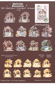 Macro detail of shell light PET stickers featuring 10 colorful wishing well designs