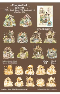 Detailed PET stickers with shell light finish featuring garden well and flower designs