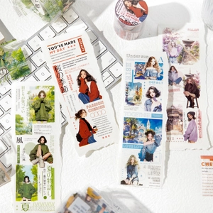 Anime-style girl and landscape PET tape rolls for DIY journaling and scrapbooking