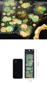 Détail macro d'autocollants PET feu d'artifice avec poudre d'or et effet laser