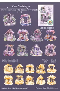 Detail of PET stickers with shell light effect and flower garden well patterns