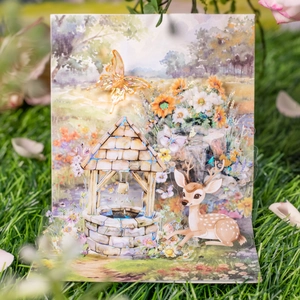 3D watercolor stickers featuring a stone well, spotted deer, and blooming sunflowers