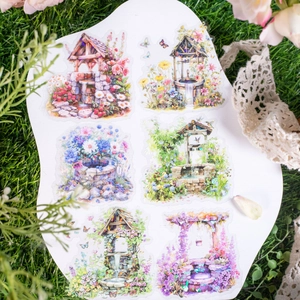 Floral wishing well stickers set for DIY scrapbooking featuring colorful fountain designs