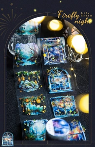Close-up of Firefly Night PET tape featuring aesthetic windows, fireworks, and forest motifs