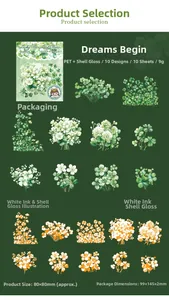 Detail of PET clover stickers with pearlescent shell light effect and white ink printing