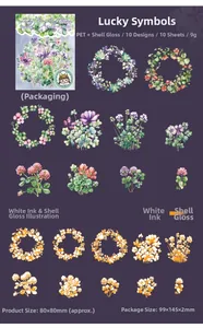 Detail of four-leaf clover PET stickers with shell light effect and white ink process