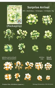 Detail of PET four leaf clover stickers with shell light finish and white ink texture