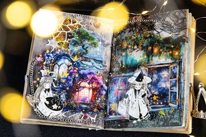 Detail of PET stickers showing magical girls and fairy tale forest for scrapbooking