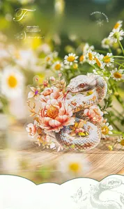 Macro view of floral snake transparent sticker with iridescent holographic foil details