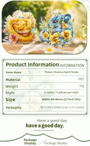 Detail view of PET floral snake stickers with technical specifications for DIY journals