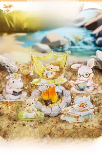 Close-up of healing style PET animal stickers featuring forest camping and reading scenes