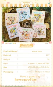 Detailed PET animal party stickers specification sheet with creative outdoor product staging