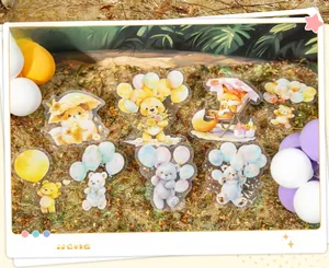 Detail of PET stickers featuring watercolor animal designs on a decorative mossy background