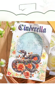 Macro detail of snake and flower stickers with Cinderella lettering and pearl accents