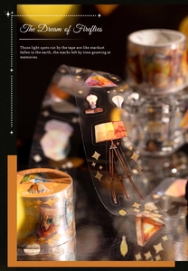 Macro detail of PET tape featuring vintage lamps and warm illustrations for journaling