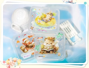 Detail of transparent square PET storage box featuring cute cartoon animal stickers and clips
