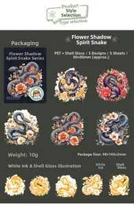 Detail view of floral snake PET stickers with shell light finish and glossy textures